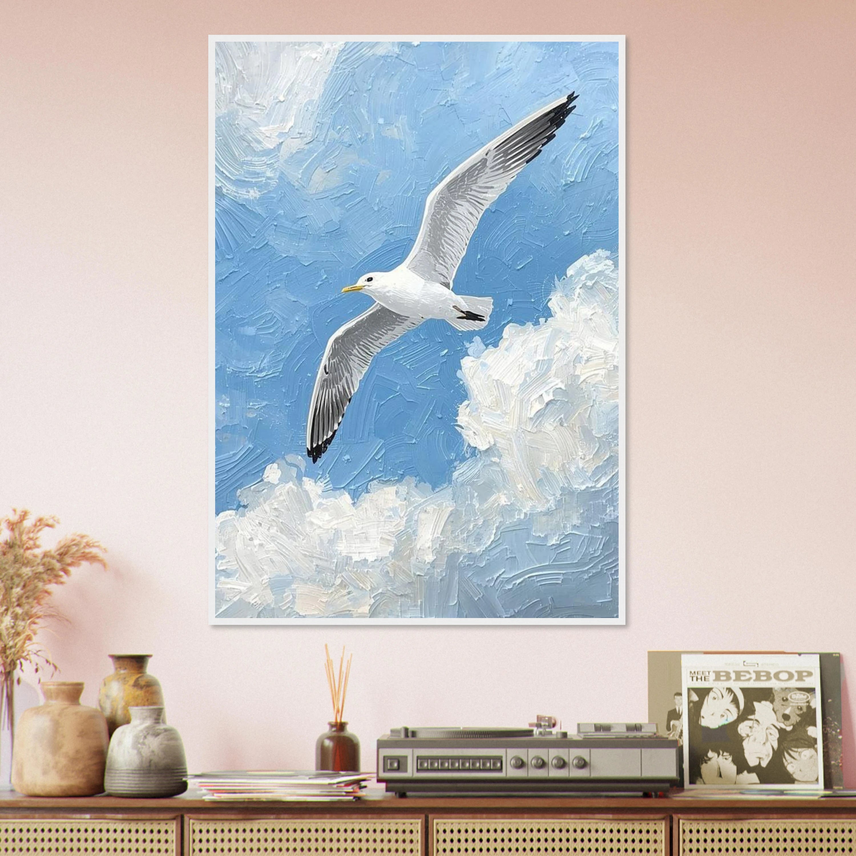 Seagull Over Clouds Art Print